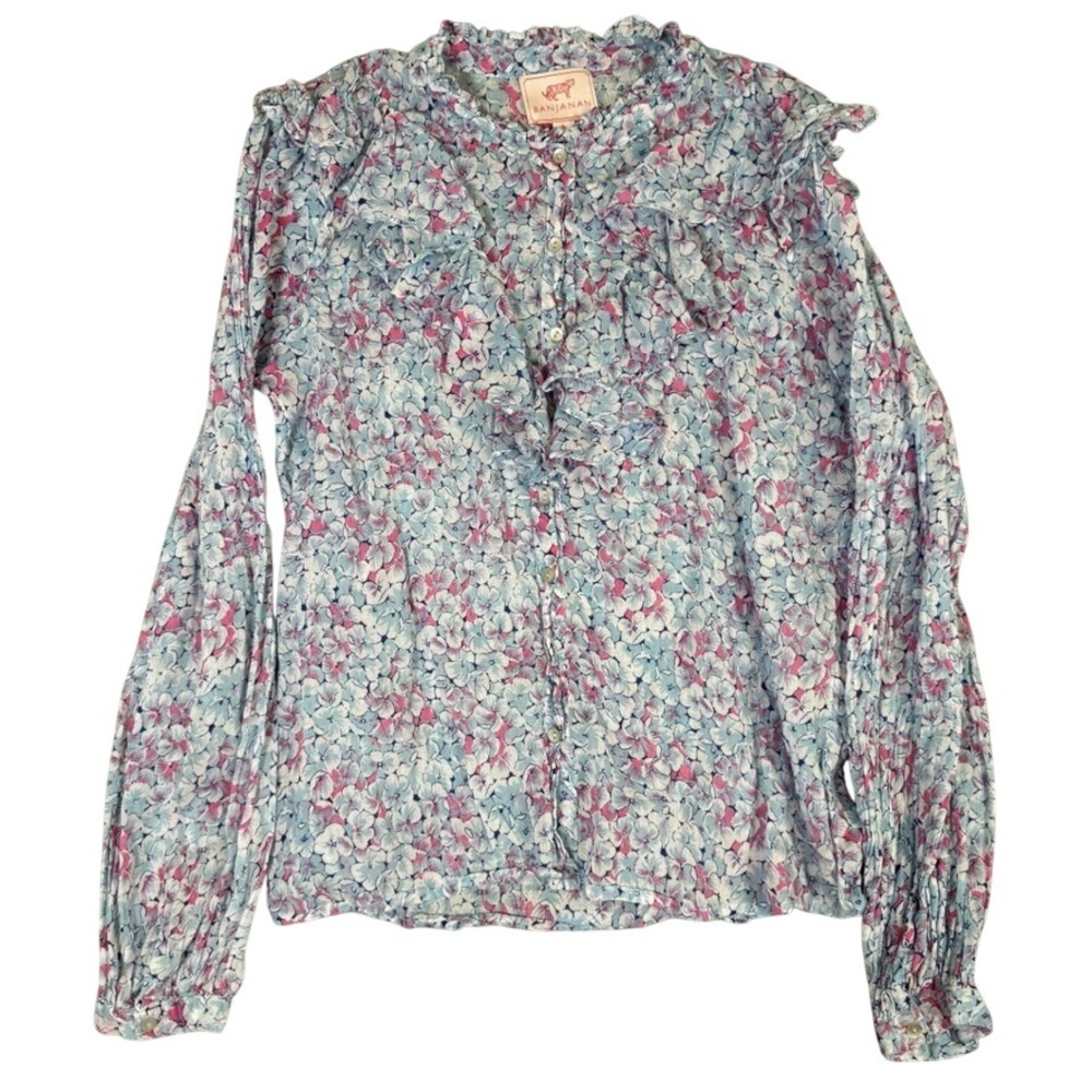 Banjanan Floral Ruffle Cotton Voile Blouse Blue Pink Large